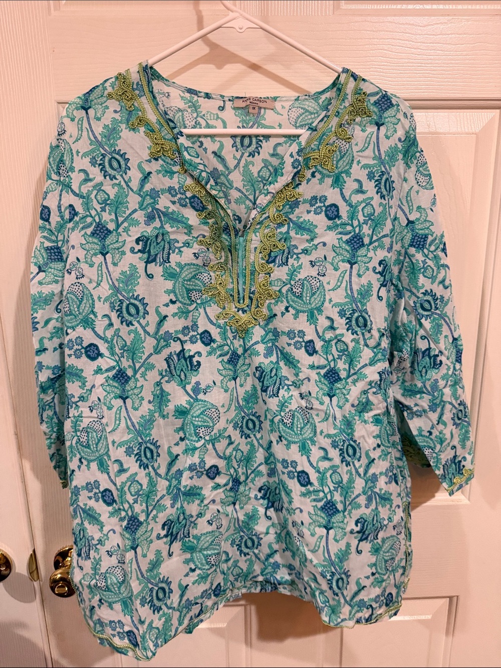 Anne Carson Turquoise & Aqua Floral Embroidered Tunic